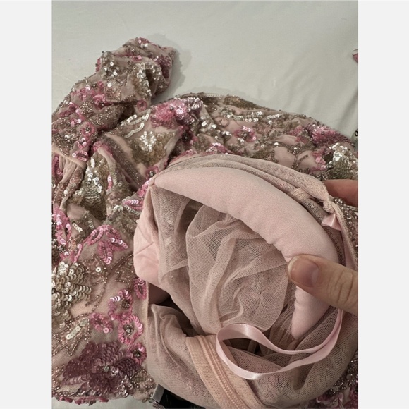 NWT‎ $498 Mac Duggal [ 12 ] Sequined Puff Sleeve High Neck Dress Rose Pink - Picture 15 of 16